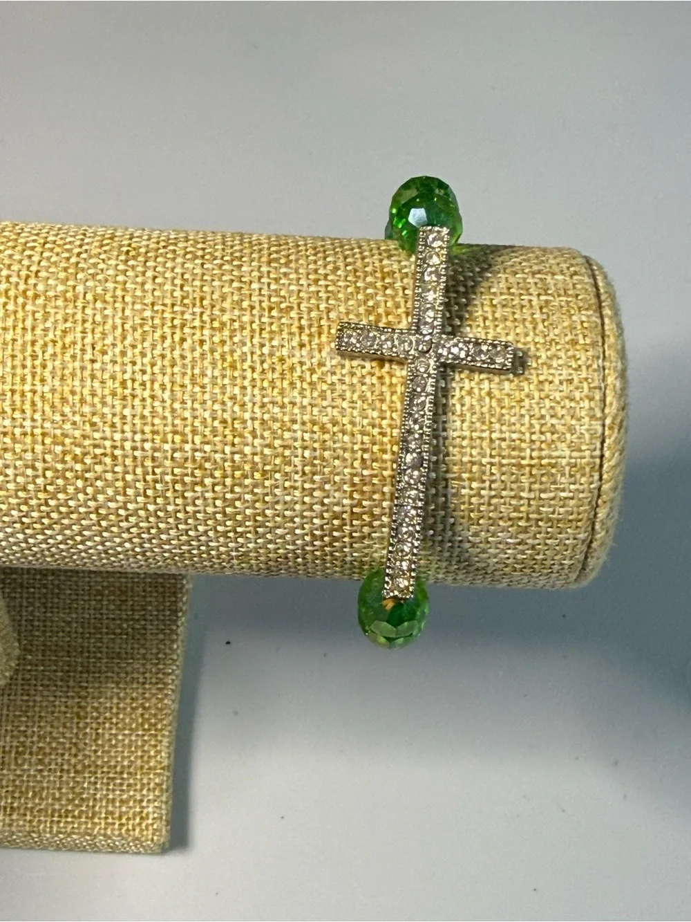 Personally Curated Rhinestone Cross & Bead Bracelet Set - Green and Silver B6